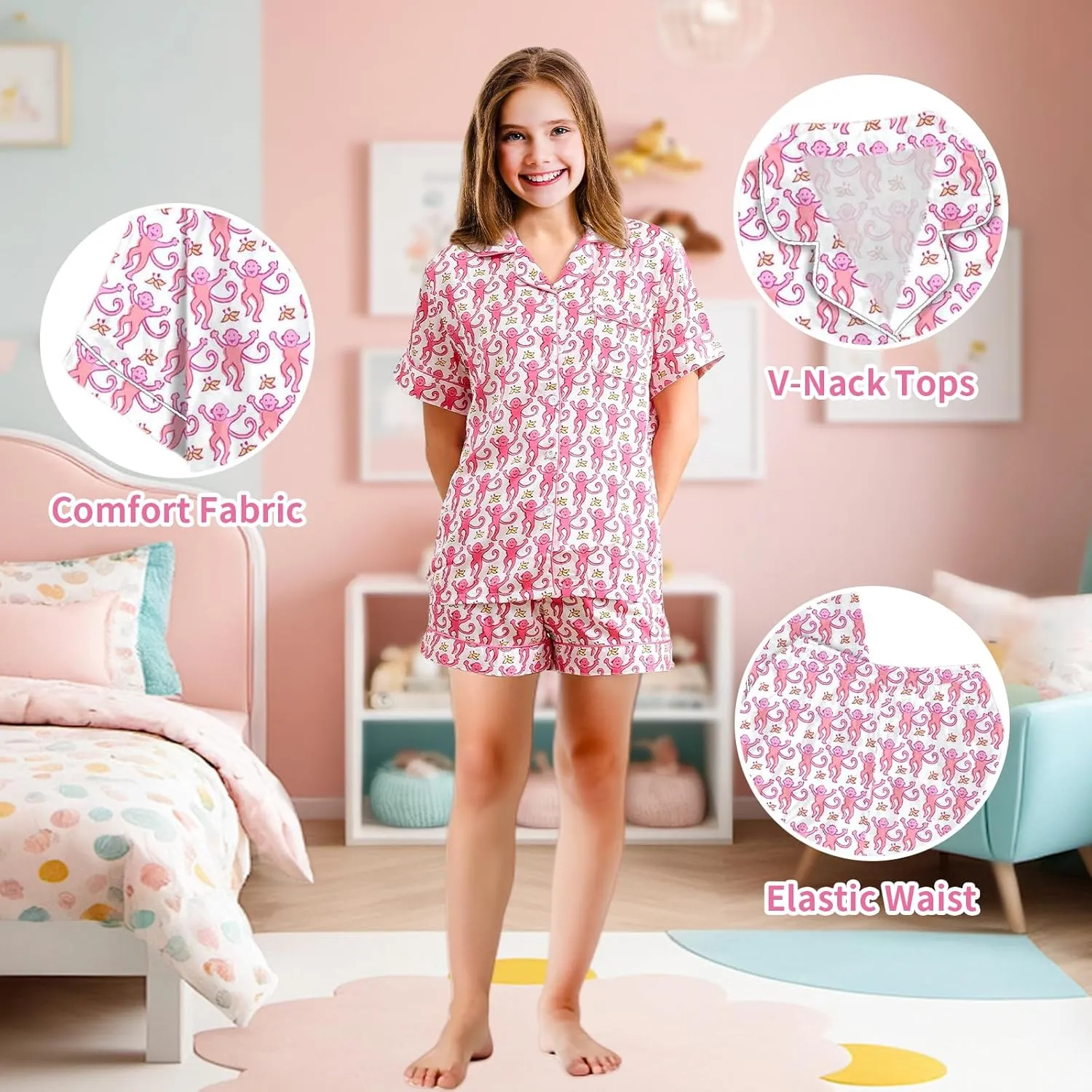 𝒌𝒊𝒅𝒔 Monkey Pajamas Pajama Set,𝑮𝒊𝒓𝒍𝒔 Monkey Pajamas Rabbit Pjs,Preppy Monkey Pajamas,Button Down Shorts Pjs