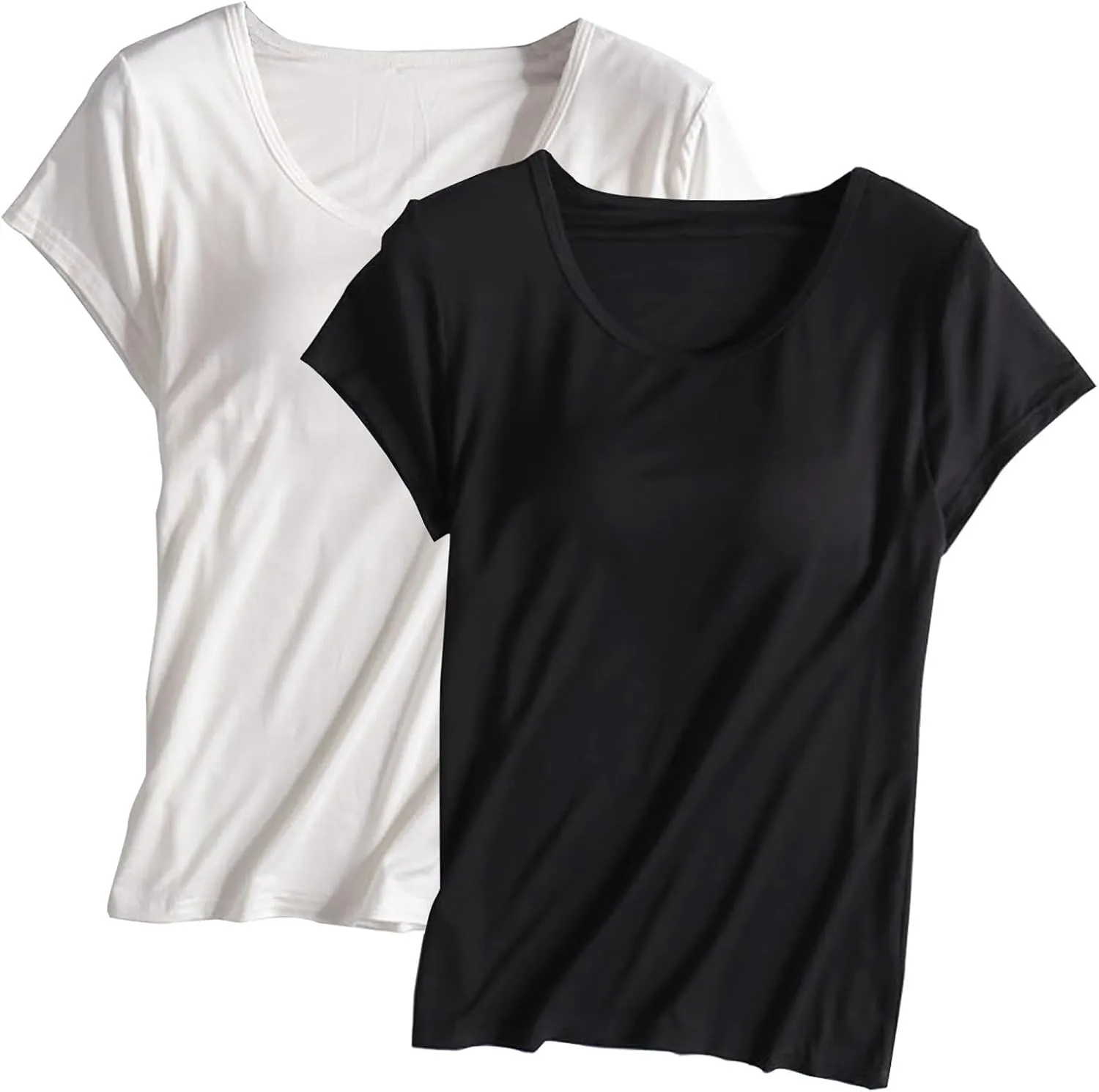 2 Pack T Shirts with Built in Bra for Women Padded Short Sleeve Yoga Tops Wireless Shelf Bra T Shirts Modal Pajama