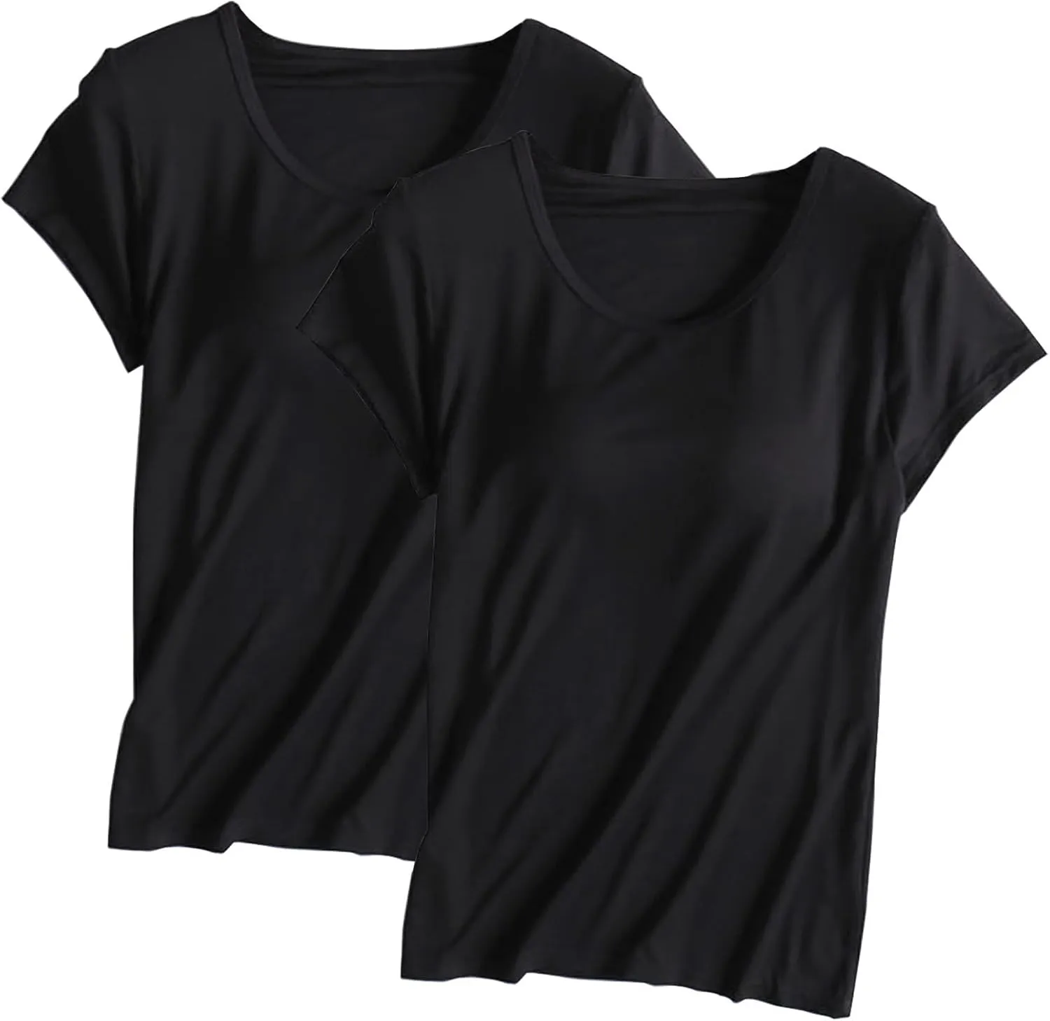 2 Pack T Shirts with Built in Bra for Women Padded Short Sleeve Yoga Tops Wireless Shelf Bra T Shirts Modal Pajama