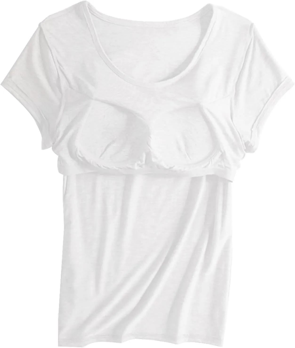 2 Pack T Shirts with Built in Bra for Women Padded Short Sleeve Yoga Tops Wireless Shelf Bra T Shirts Modal Pajama