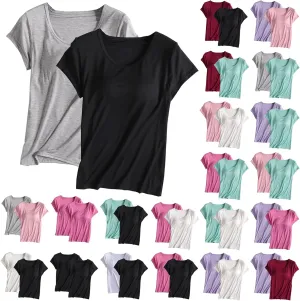 2 Pack T Shirts with Built in Bra for Women Padded Short Sleeve Yoga Tops Wireless Shelf Bra T Shirts Modal Pajama
