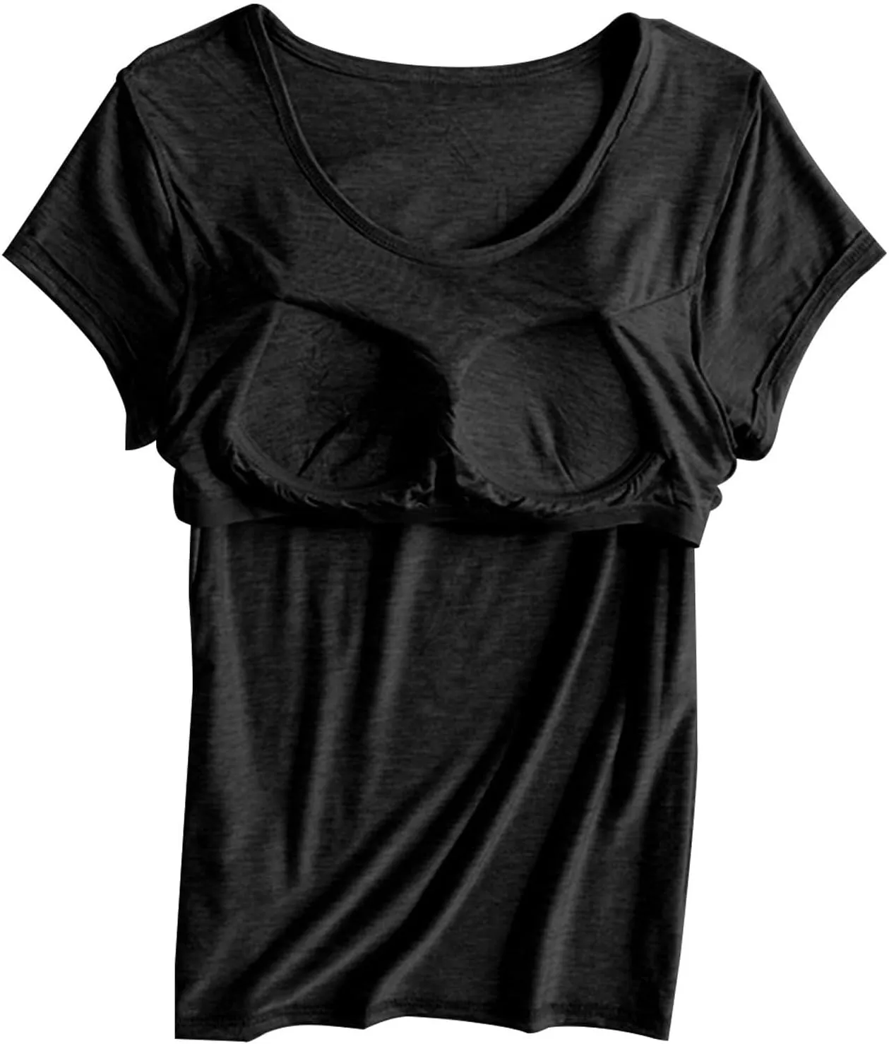 2 Pack T Shirts with Built in Bra for Women Padded Short Sleeve Yoga Tops Wireless Shelf Bra T Shirts Modal Pajama