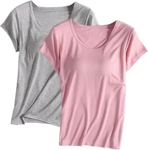 2 Pack T Shirts with Built in Bra for Women Padded Short Sleeve Yoga Tops Wireless Shelf Bra T Shirts Modal Pajama