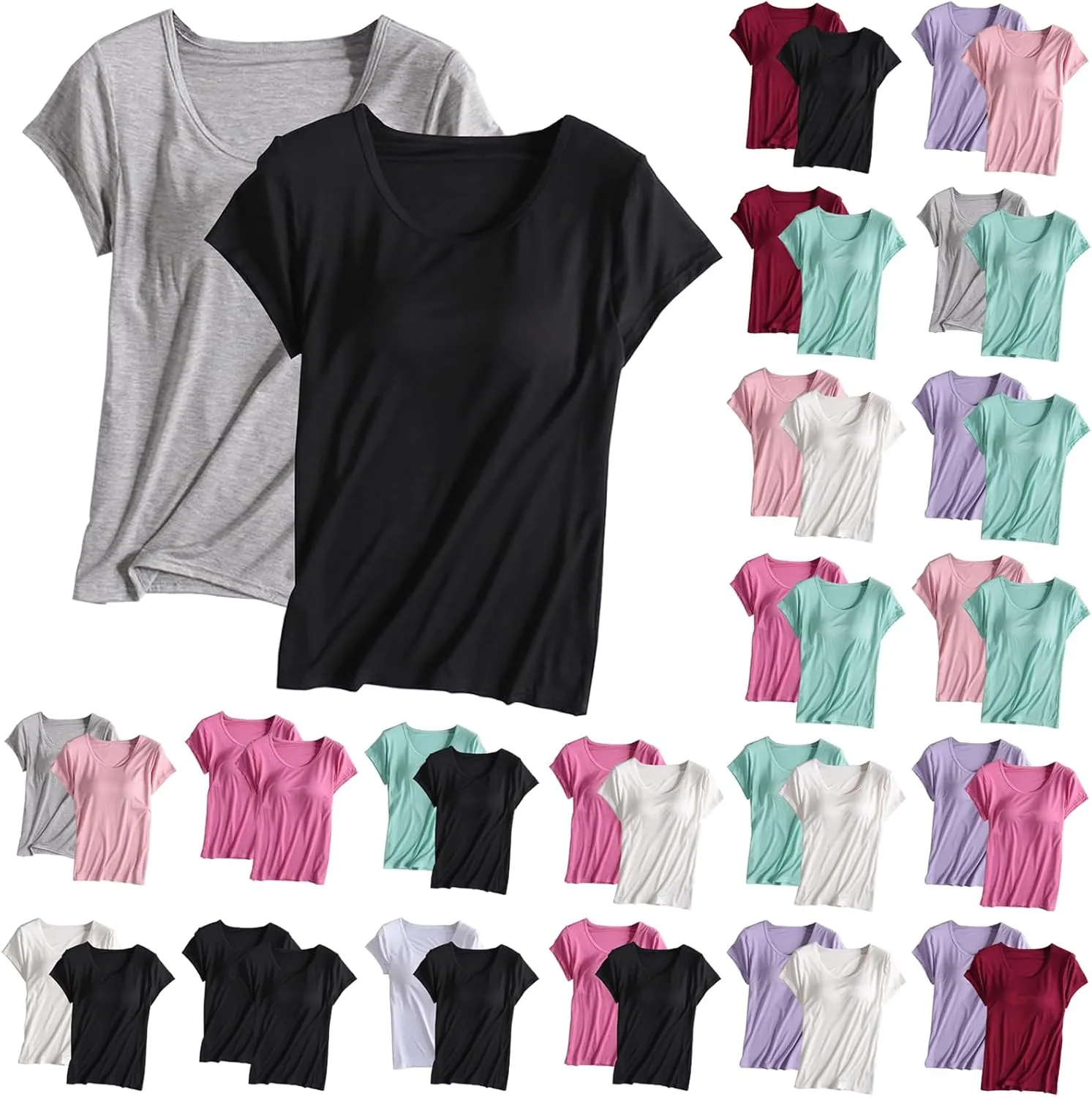 2 Pack T Shirts with Built in Bra for Women Padded Short Sleeve Yoga Tops Wireless Shelf Bra T Shirts Modal Pajama