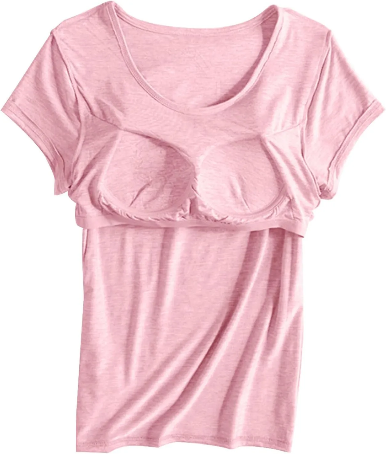 2 Pack T Shirts with Built in Bra for Women Padded Short Sleeve Yoga Tops Wireless Shelf Bra T Shirts Modal Pajama