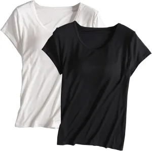 2 Pack T Shirts with Built in Bra for Women Padded Short Sleeve Yoga Tops Wireless Shelf Bra T Shirts Modal Pajama