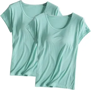 2 Pack T Shirts with Built in Bra for Women Padded Short Sleeve Yoga Tops Wireless Shelf Bra T Shirts Modal Pajama