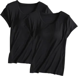 2 Pack T Shirts with Built in Bra for Women Padded Short Sleeve Yoga Tops Wireless Shelf Bra T Shirts Modal Pajama