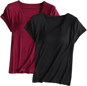 2 Pack T Shirts with Built in Bra for Women Padded Short Sleeve Yoga Tops Wireless Shelf Bra T Shirts Modal Pajama