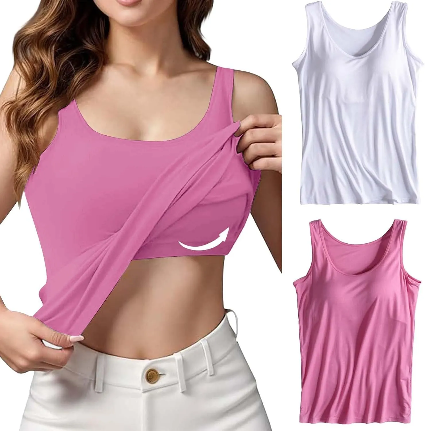 2 Pack Tank Tops for Women 2024 Cami Built in Bras Plus Size Shelf Bra Shirt Yoga Athleic Layering Undershirt