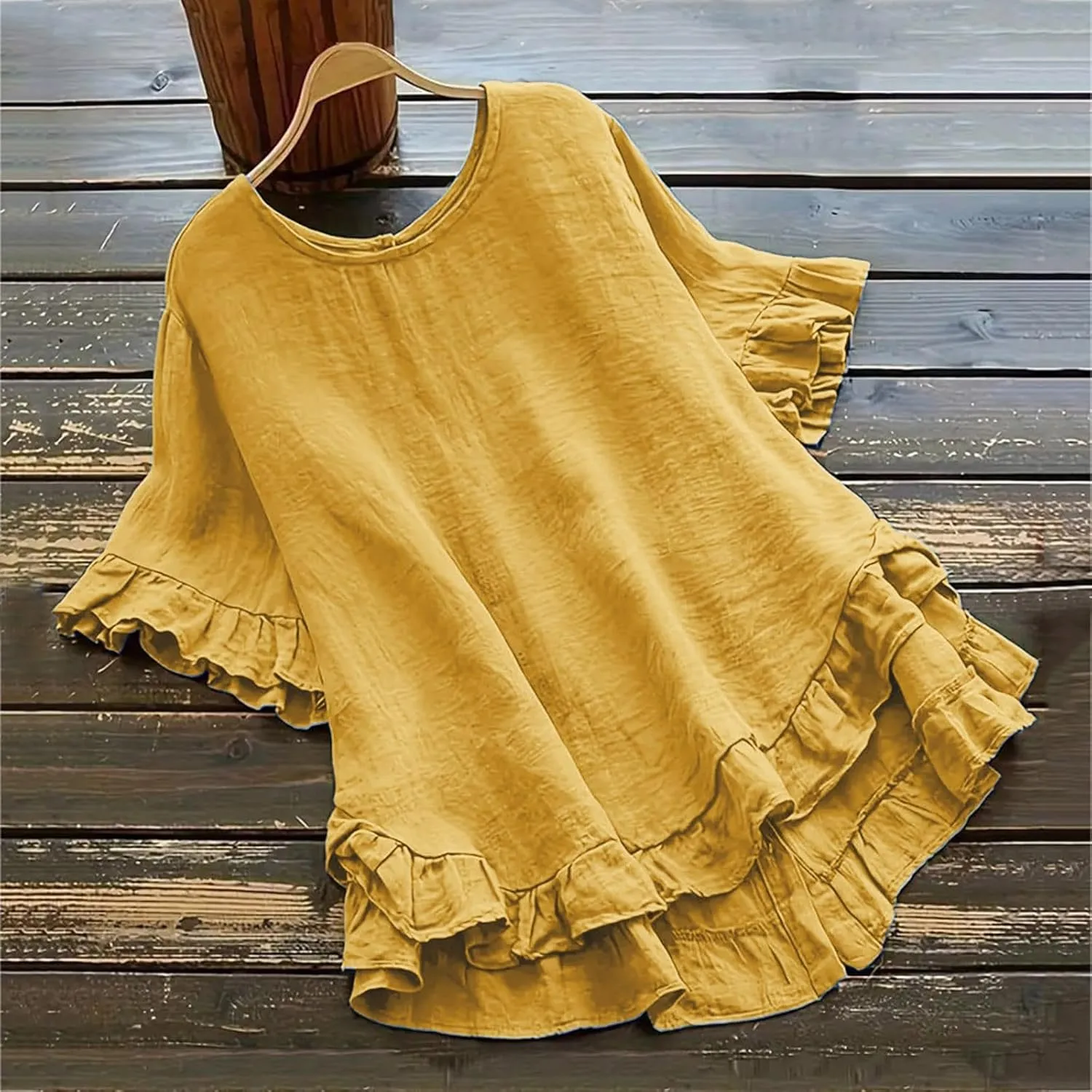 2025 Summer Linen Tops for Women Crewneck Ruffle Short Sleeve High-Low Hem Blouse Loose Beach Flowy Shirts Top