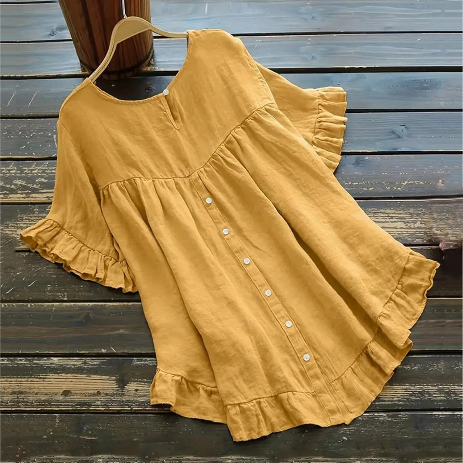 2025 Summer Linen Tops for Women Crewneck Ruffle Short Sleeve High-Low Hem Blouse Loose Beach Flowy Shirts Top