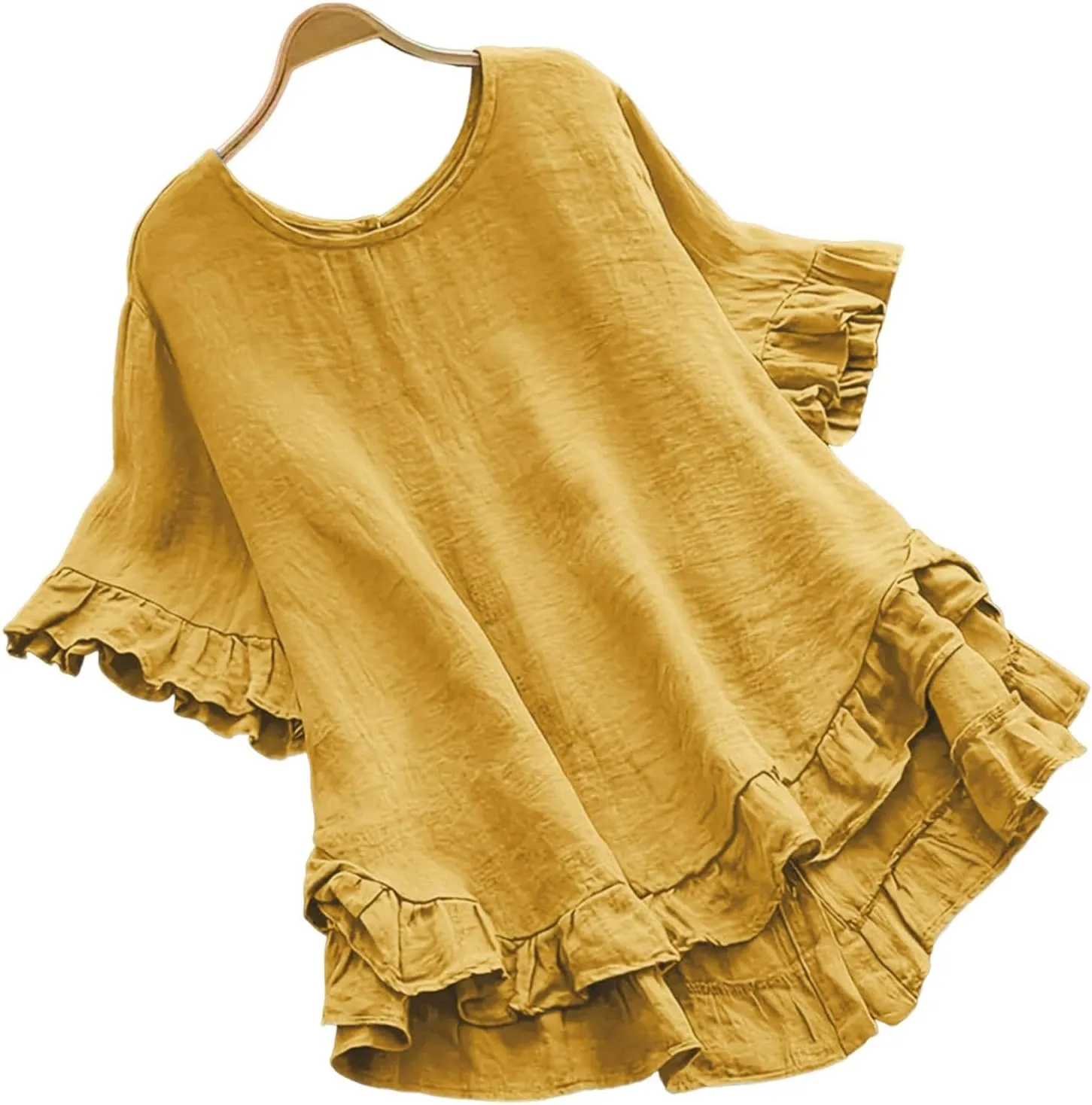 2025 Summer Linen Tops for Women Crewneck Ruffle Short Sleeve High-Low Hem Blouse Loose Beach Flowy Shirts Top