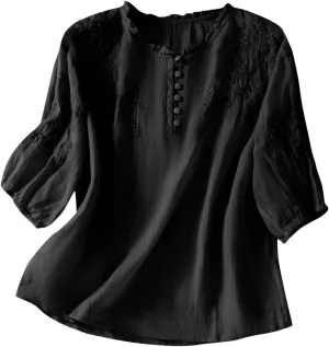 2025 Women's Cotton Linen Button Short Sleeve Shirts Summer Crew Neck Casual Boho Top Vintage Embroidered Blouse Tops