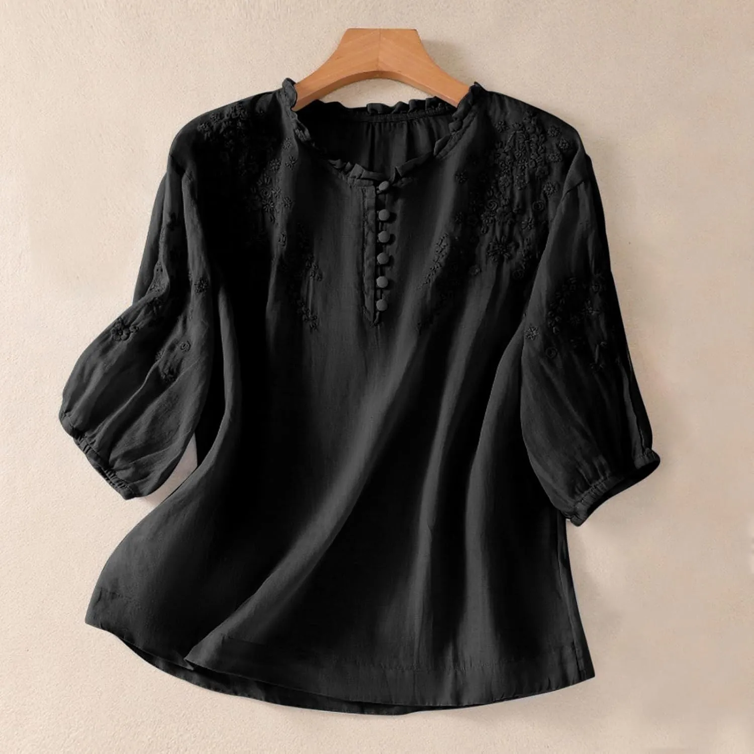2025 Women's Cotton Linen Button Short Sleeve Shirts Summer Crew Neck Casual Boho Top Vintage Embroidered Blouse Tops
