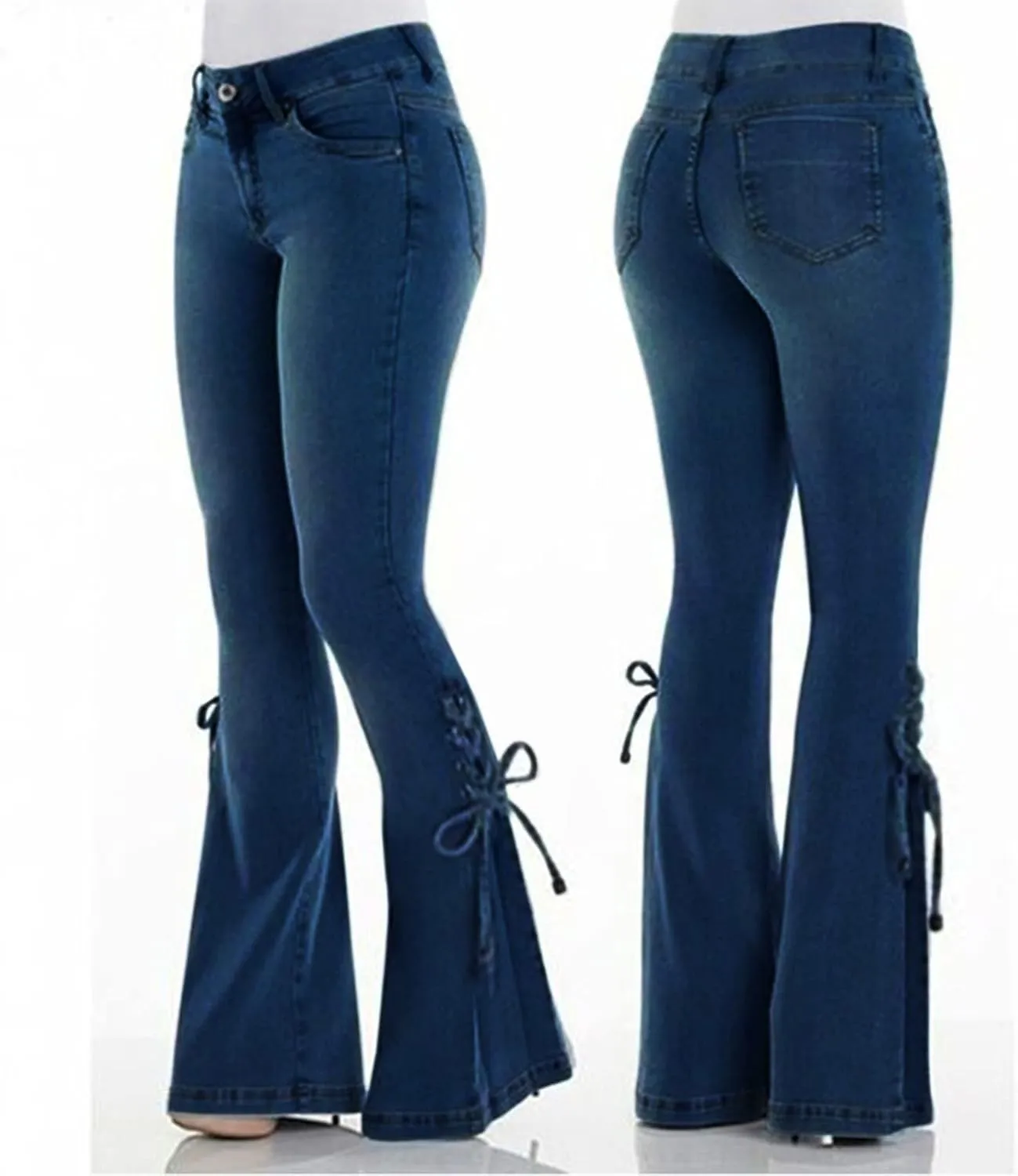 Andongnywell Lace-up Bell Bottom Pants Jeans for Women Mid Waisted Wide Leg Bootcut Slim Denim Pants Trousers
