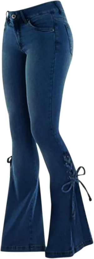 Andongnywell Lace-up Bell Bottom Pants Jeans for Women Mid Waisted Wide Leg Bootcut Slim Denim Pants Trousers
