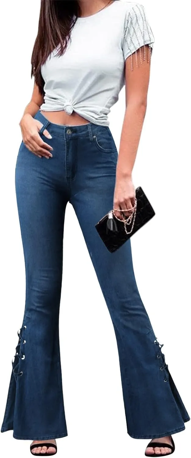 Andongnywell Lace-up Bell Bottom Pants Jeans for Women Mid Waisted Wide Leg Bootcut Slim Denim Pants Trousers