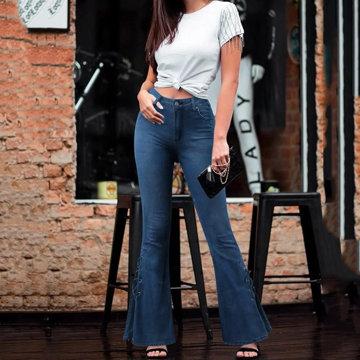 Andongnywell Lace-up Bell Bottom Pants Jeans for Women Mid Waisted Wide Leg Bootcut Slim Denim Pants Trousers