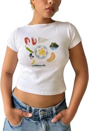 Baby Tees Graphic Crop Tops for Women Y2k Short Sleeve Slim Fit T Shirts Vintage Aesthetic Tees Clothes