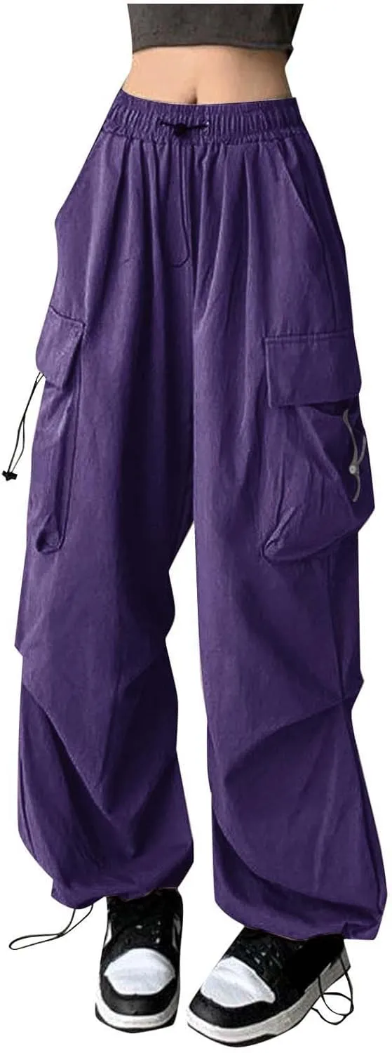 Baggy Parachute Pants for Women Drawstring Elastic Low Waist Ruched Cargo Pants Multiple Pockets Jogger Y2K