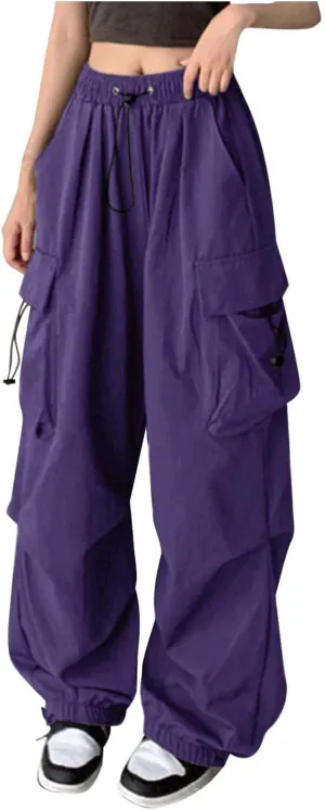 Baggy Parachute Pants for Women Drawstring Elastic Low Waist Ruched Cargo Pants Multiple Pockets Jogger Y2K