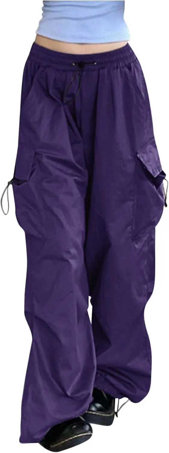 Baggy Parachute Pants for Women Drawstring Elastic Low Waist Ruched Cargo Pants Multiple Pockets Jogger Y2K