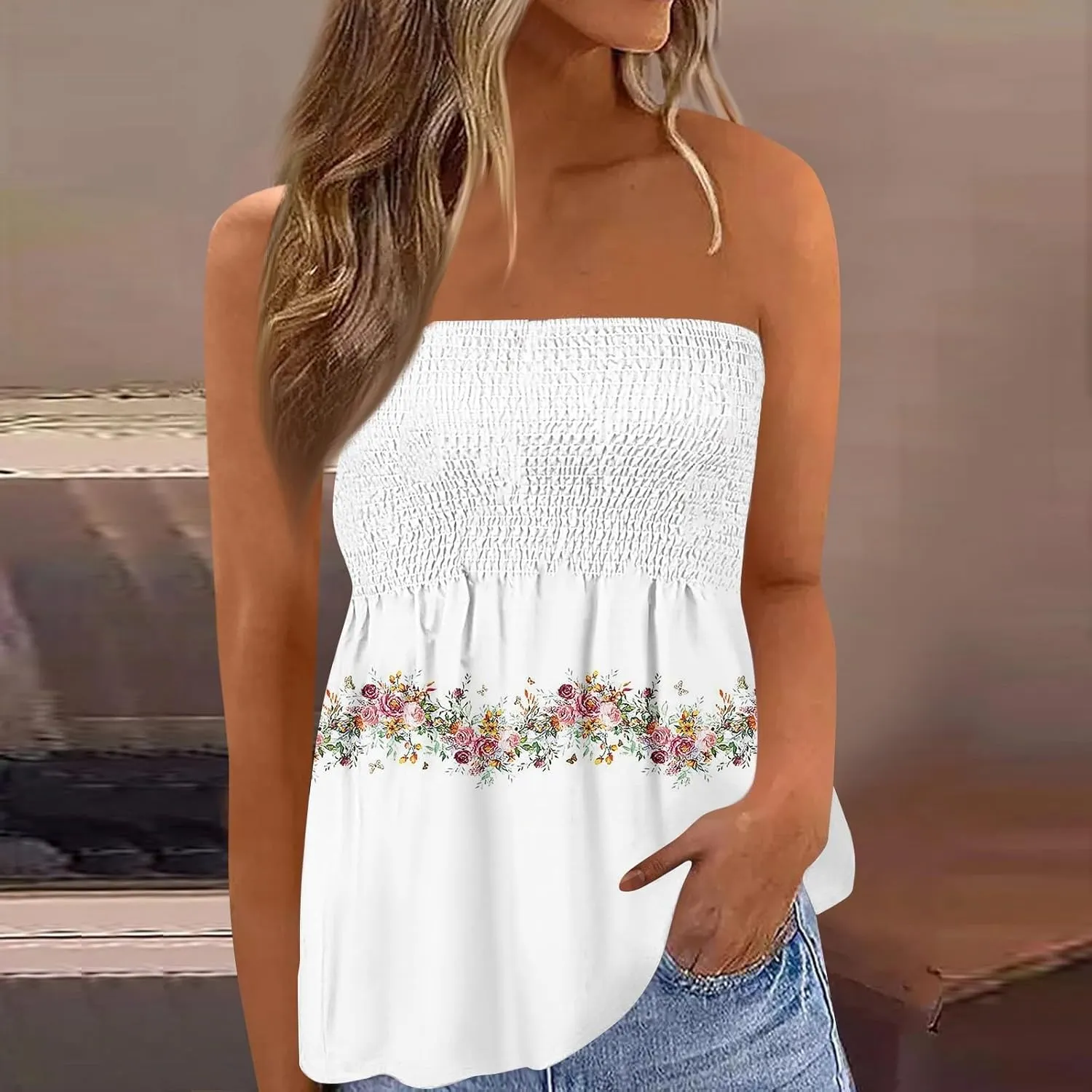 Bandeau Tops for Women Smocked Ruffled Sleeveless Bandeau Floral Print Strapless Tube Tops Business Casual Tanks