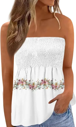 Bandeau Tops for Women Smocked Ruffled Sleeveless Bandeau Floral Print Strapless Tube Tops Business Casual Tanks