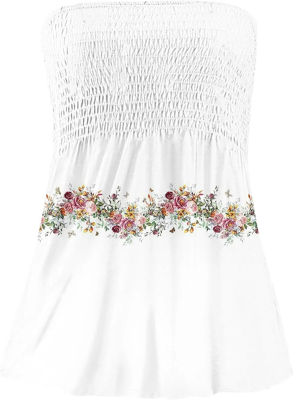 Bandeau Tops for Women Smocked Ruffled Sleeveless Bandeau Floral Print Strapless Tube Tops Business Casual Tanks