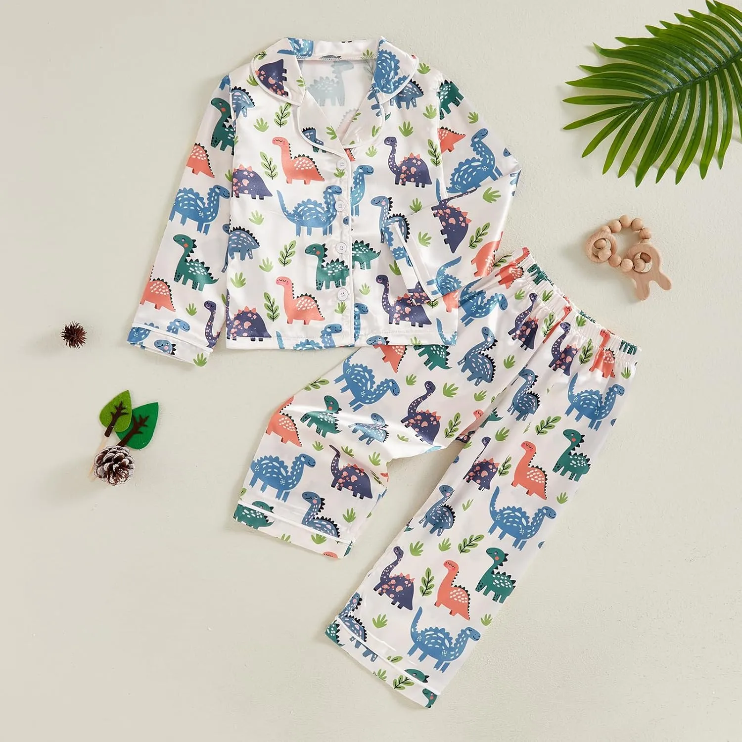 Biayxms Toddler Boy Silk Pajamas Set Button Down Dinasour Long Sleeve Shirts Tops and Pants Two Piece Satin Pj Lounge Sets