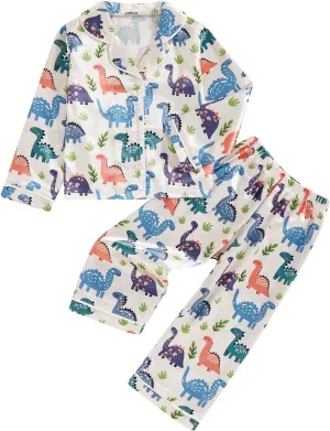 Biayxms Toddler Boy Silk Pajamas Set Button Down Dinasour Long Sleeve Shirts Tops and Pants Two Piece Satin Pj Lounge Sets