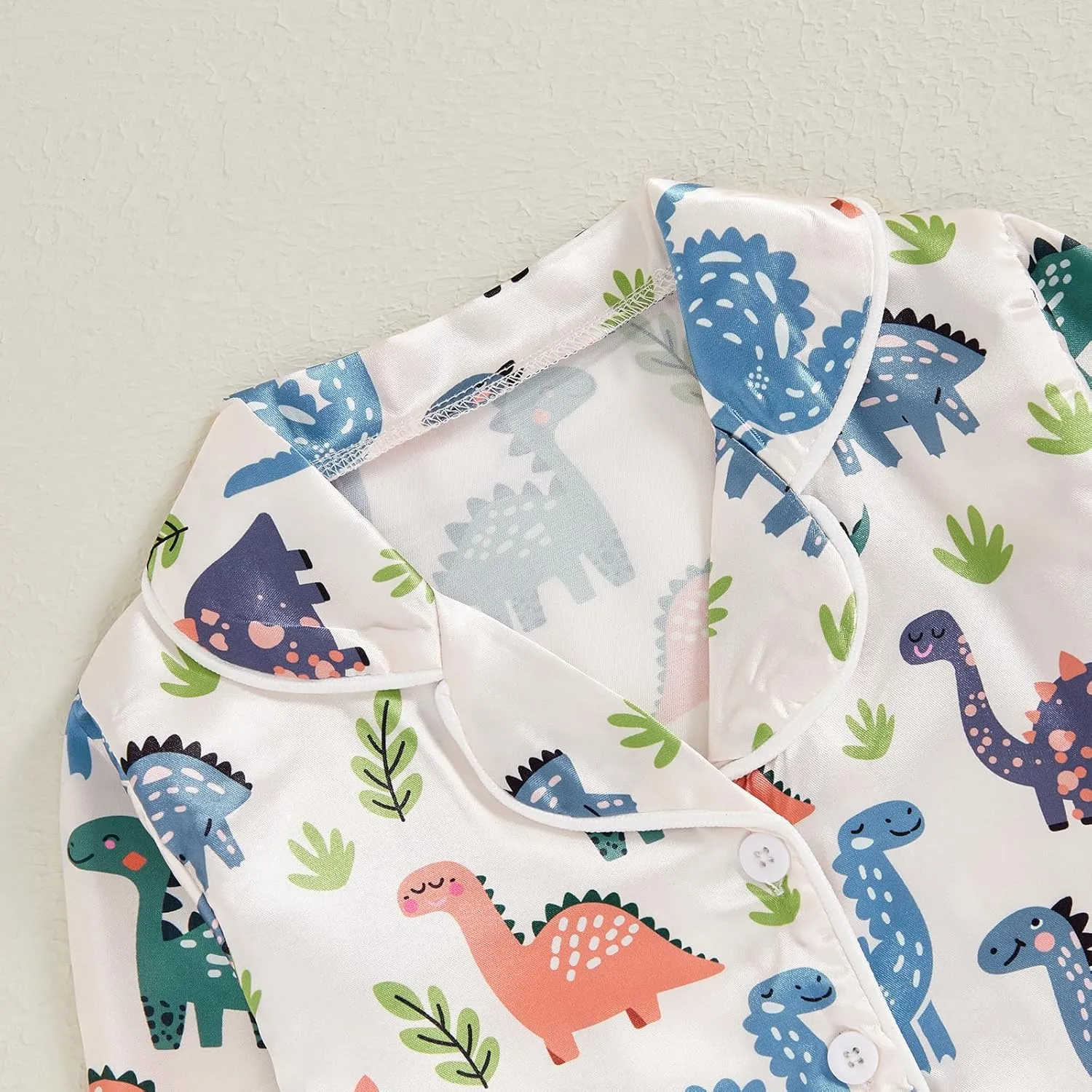 Biayxms Toddler Boy Silk Pajamas Set Button Down Dinasour Long Sleeve Shirts Tops and Pants Two Piece Satin Pj Lounge Sets