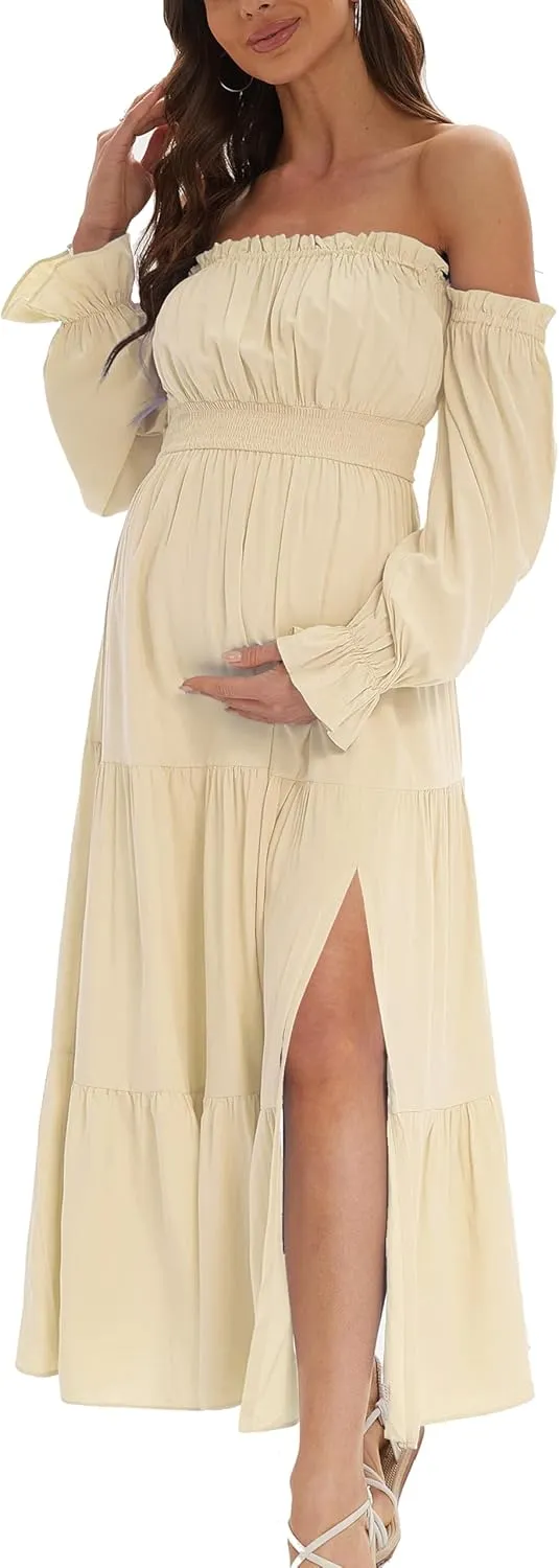 Boho Off Shoulder Maternity Dresses, Long Sleeve Side Split Flowy A Line Tiered Maxi Dress for Baby Shower Photoshoot