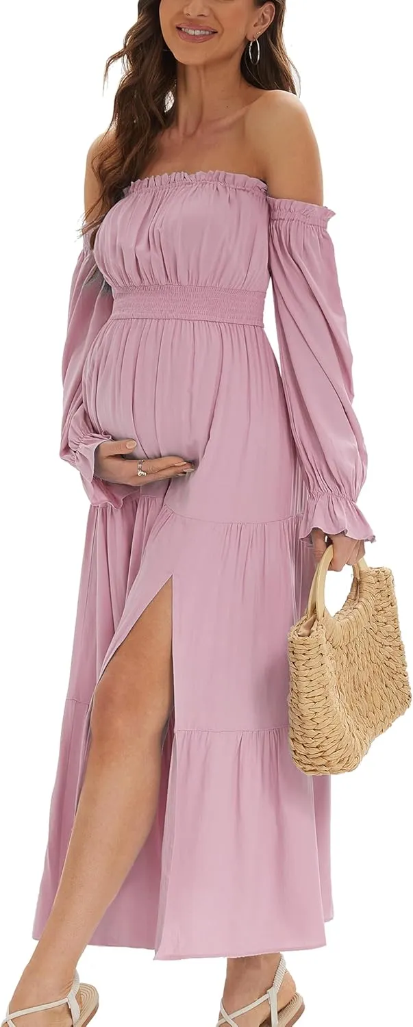 Boho Off Shoulder Maternity Dresses, Long Sleeve Side Split Flowy A Line Tiered Maxi Dress for Baby Shower Photoshoot