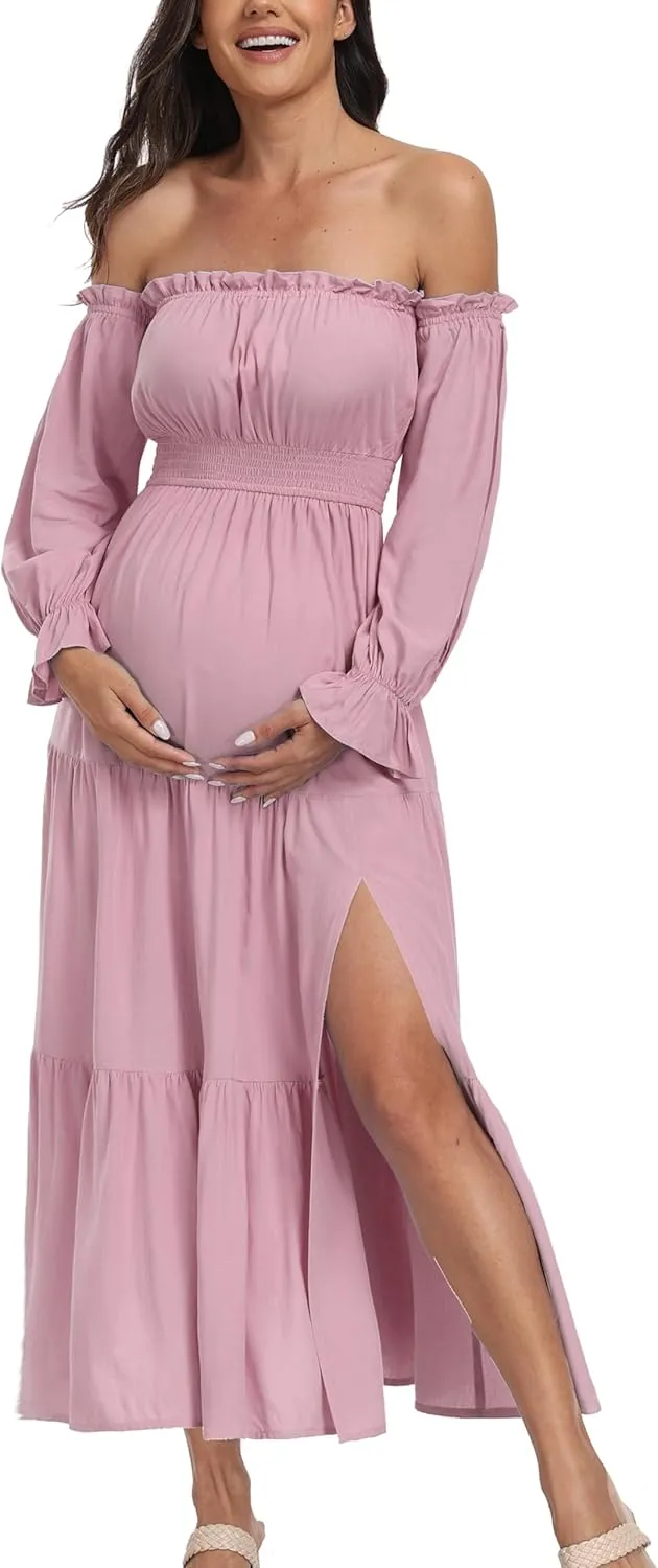 Boho Off Shoulder Maternity Dresses, Long Sleeve Side Split Flowy A Line Tiered Maxi Dress for Baby Shower Photoshoot