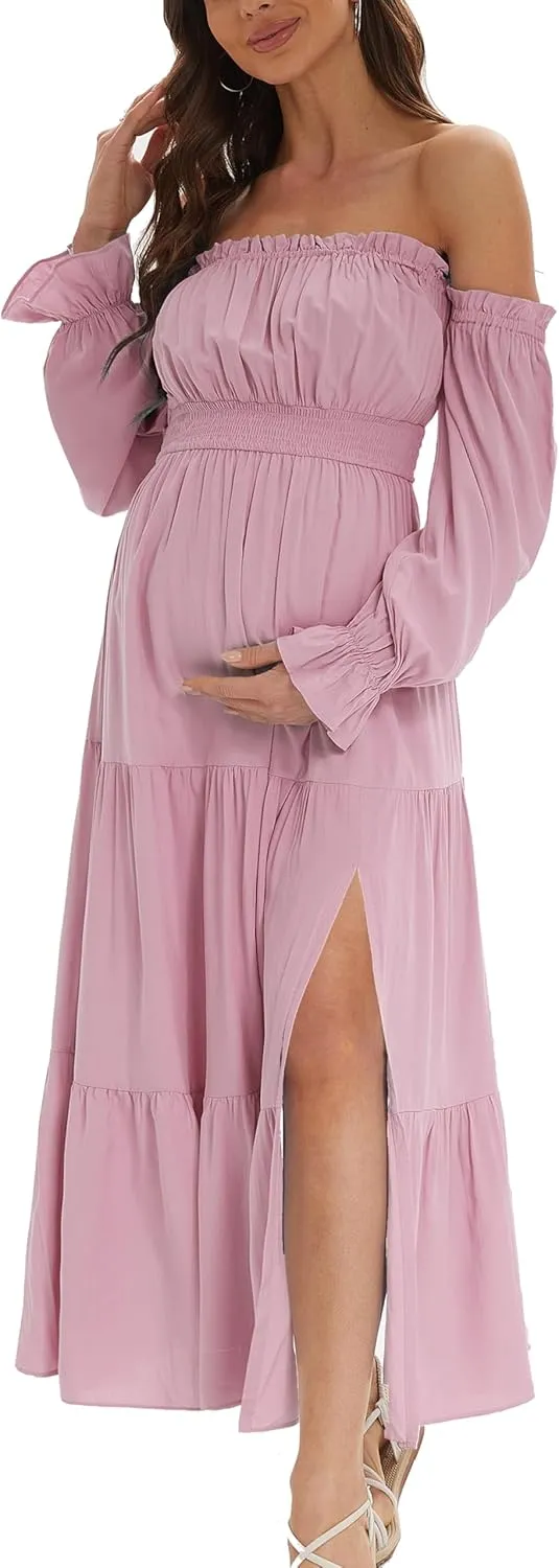 Boho Off Shoulder Maternity Dresses, Long Sleeve Side Split Flowy A Line Tiered Maxi Dress for Baby Shower Photoshoot