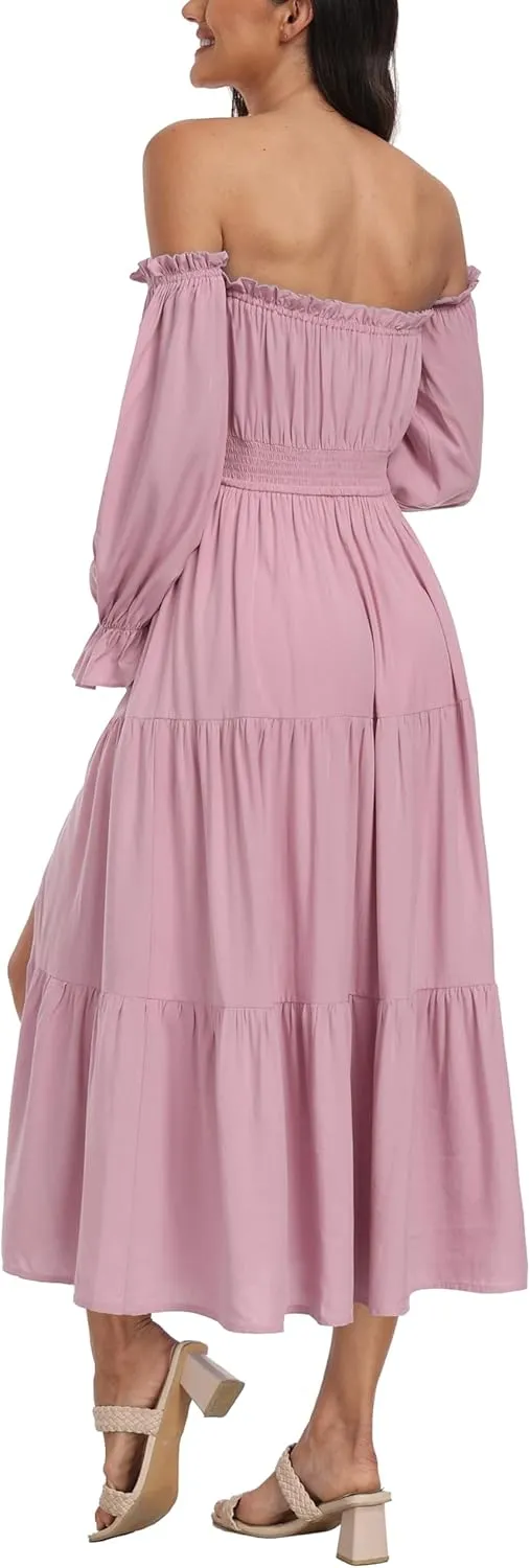 Boho Off Shoulder Maternity Dresses, Long Sleeve Side Split Flowy A Line Tiered Maxi Dress for Baby Shower Photoshoot