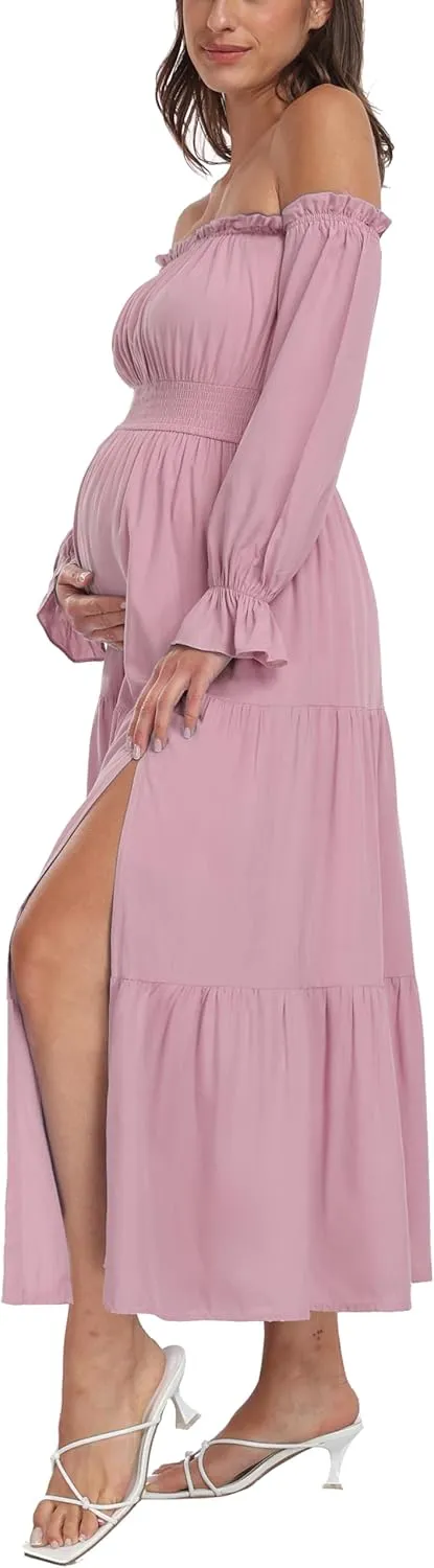 Boho Off Shoulder Maternity Dresses, Long Sleeve Side Split Flowy A Line Tiered Maxi Dress for Baby Shower Photoshoot