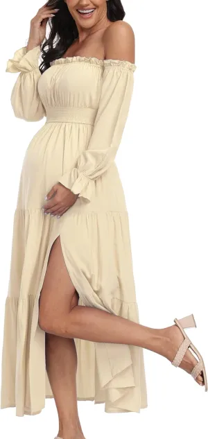 Boho Off Shoulder Maternity Dresses, Long Sleeve Side Split Flowy A Line Tiered Maxi Dress for Baby Shower Photoshoot