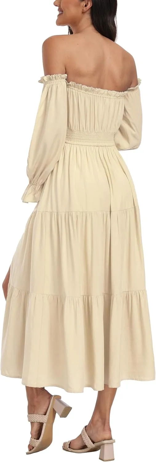 Boho Off Shoulder Maternity Dresses, Long Sleeve Side Split Flowy A Line Tiered Maxi Dress for Baby Shower Photoshoot