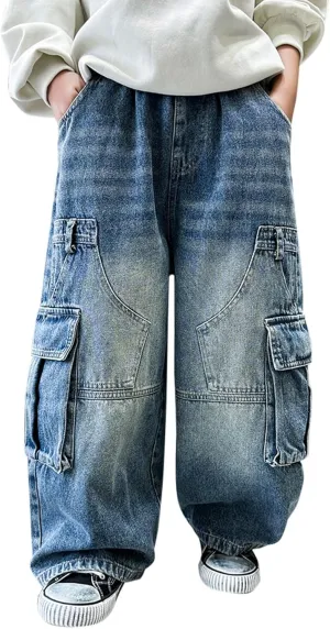 Boys Baggy Jeans Cargo Denim Pants Kids Elastic Waist Trousers Flap Pocket Classic Vintage Jeans Tracksuit Joggers