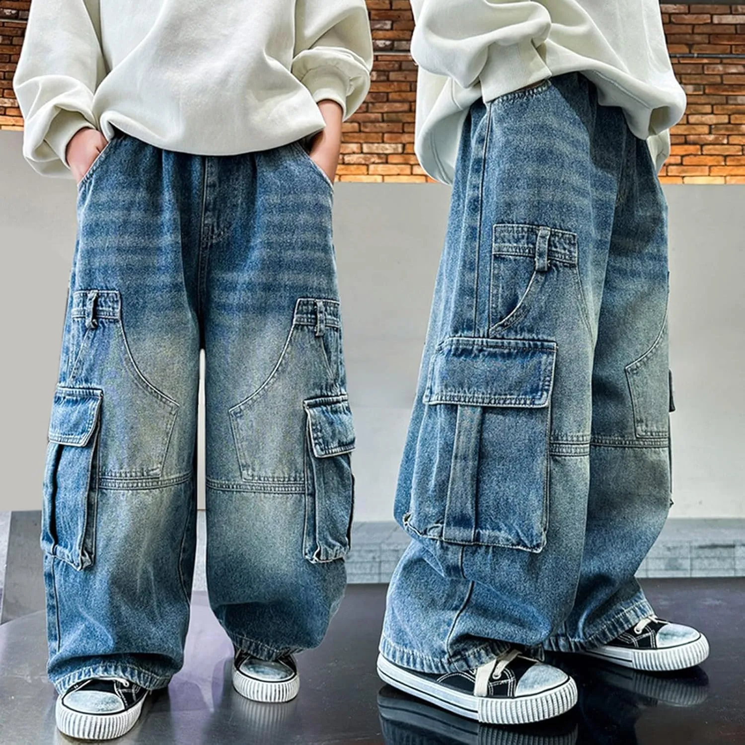 Boys Baggy Jeans Cargo Denim Pants Kids Elastic Waist Trousers Flap Pocket Classic Vintage Jeans Tracksuit Joggers