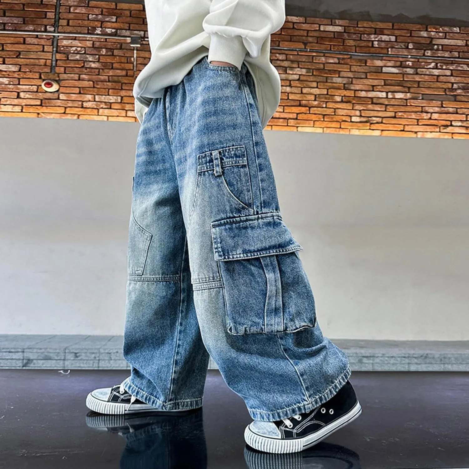 Boys Baggy Jeans Cargo Denim Pants Kids Elastic Waist Trousers Flap Pocket Classic Vintage Jeans Tracksuit Joggers