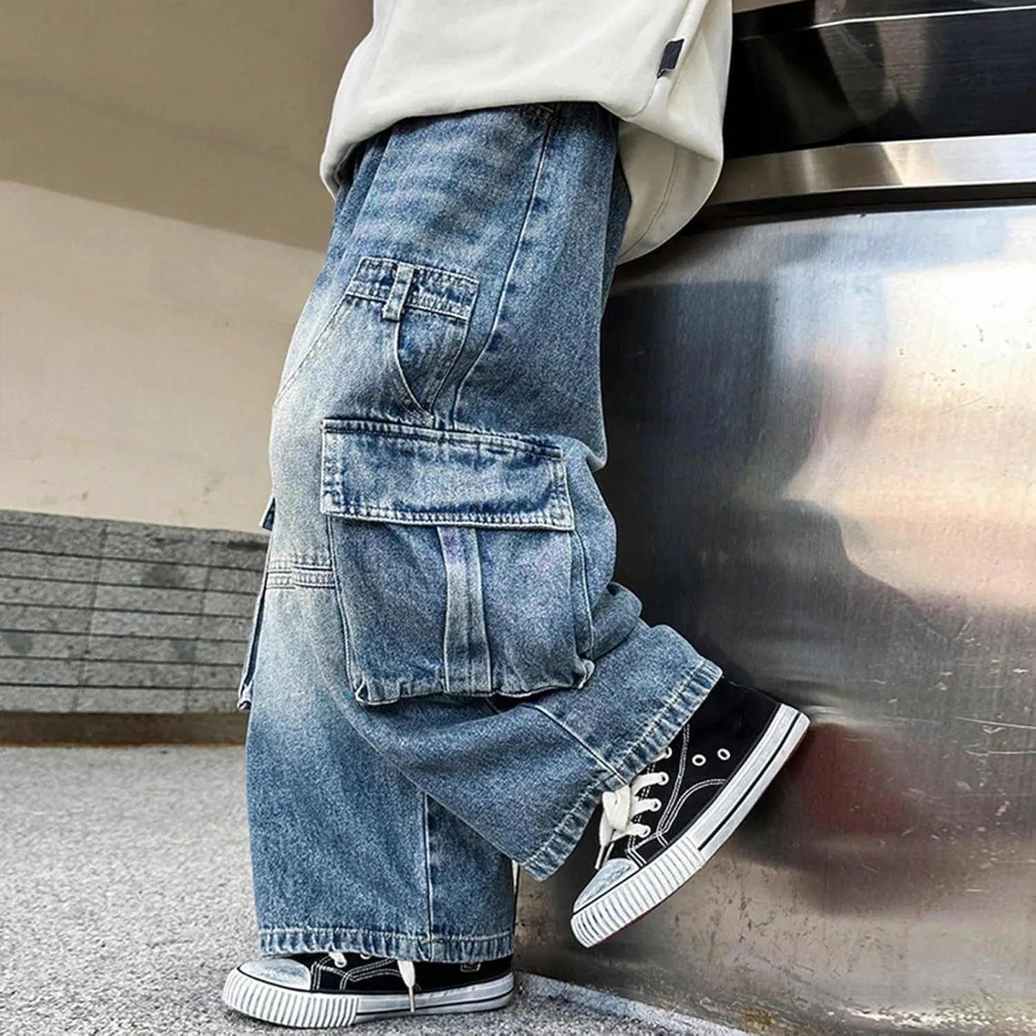 Boys Baggy Jeans Cargo Denim Pants Kids Elastic Waist Trousers Flap Pocket Classic Vintage Jeans Tracksuit Joggers