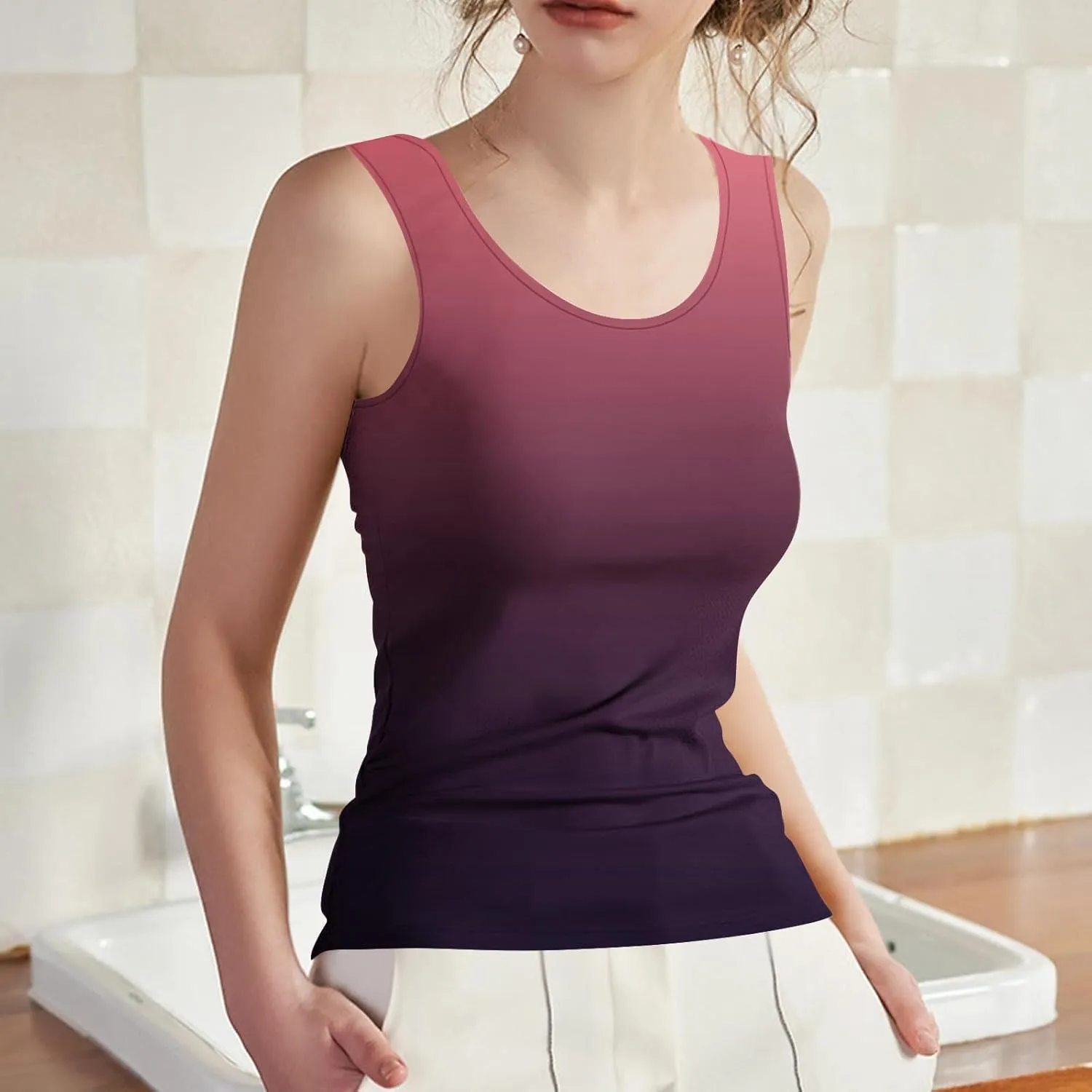 Built in Bra Tank Tops for Women Gradient Color Camisole Casual Basic Cami Shirts Stretchy Sports Athletic Top