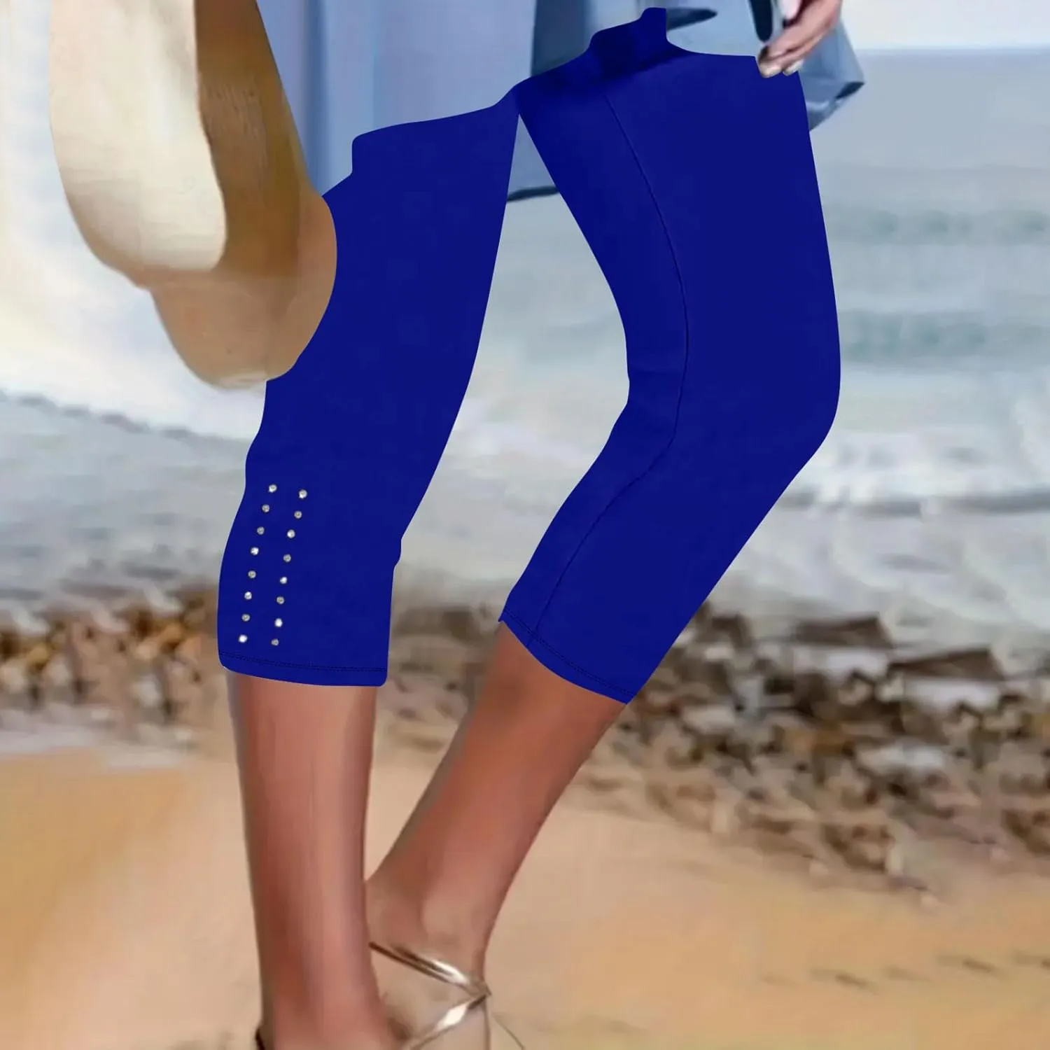 Capri Leggings for Women Rhinestone Cropped Trousers High Waist 3/4 Length Yoga Pants Stretchy Casual Jegging Tights