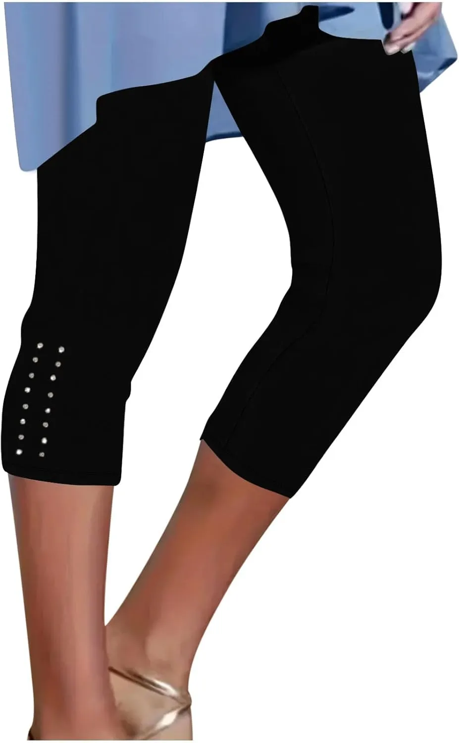 Capri Leggings for Women Rhinestone Cropped Trousers High Waist 3/4 Length Yoga Pants Stretchy Casual Jegging Tights