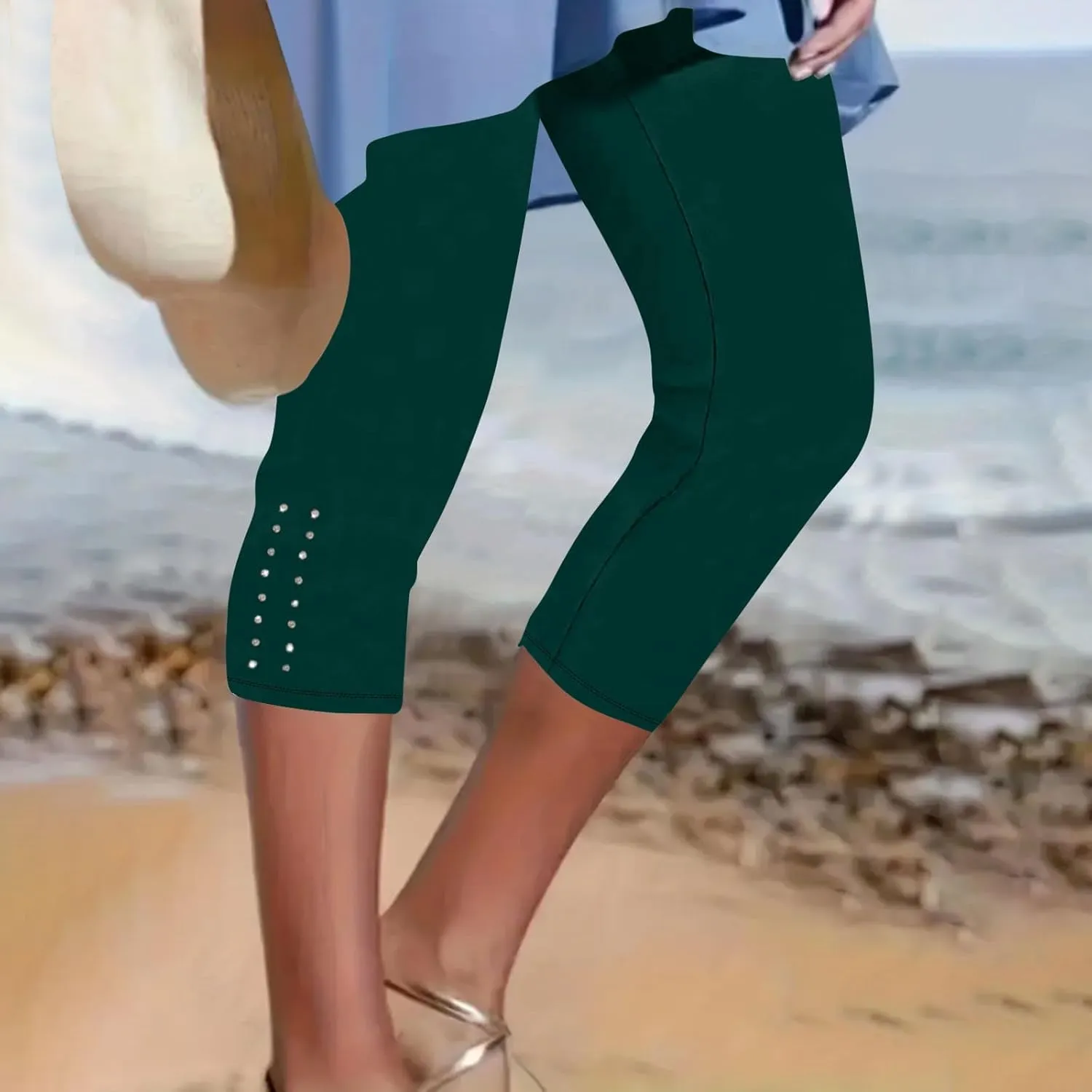 Capri Leggings for Women Rhinestone Cropped Trousers High Waist 3/4 Length Yoga Pants Stretchy Casual Jegging Tights