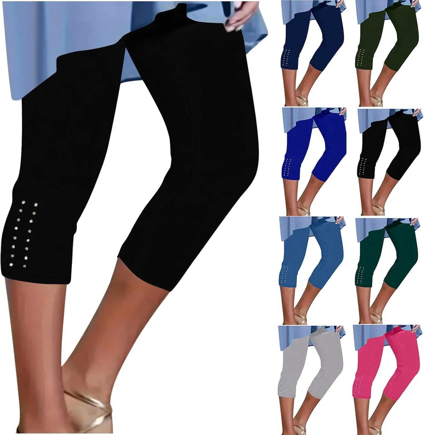 Capri Leggings for Women Rhinestone Cropped Trousers High Waist 3/4 Length Yoga Pants Stretchy Casual Jegging Tights